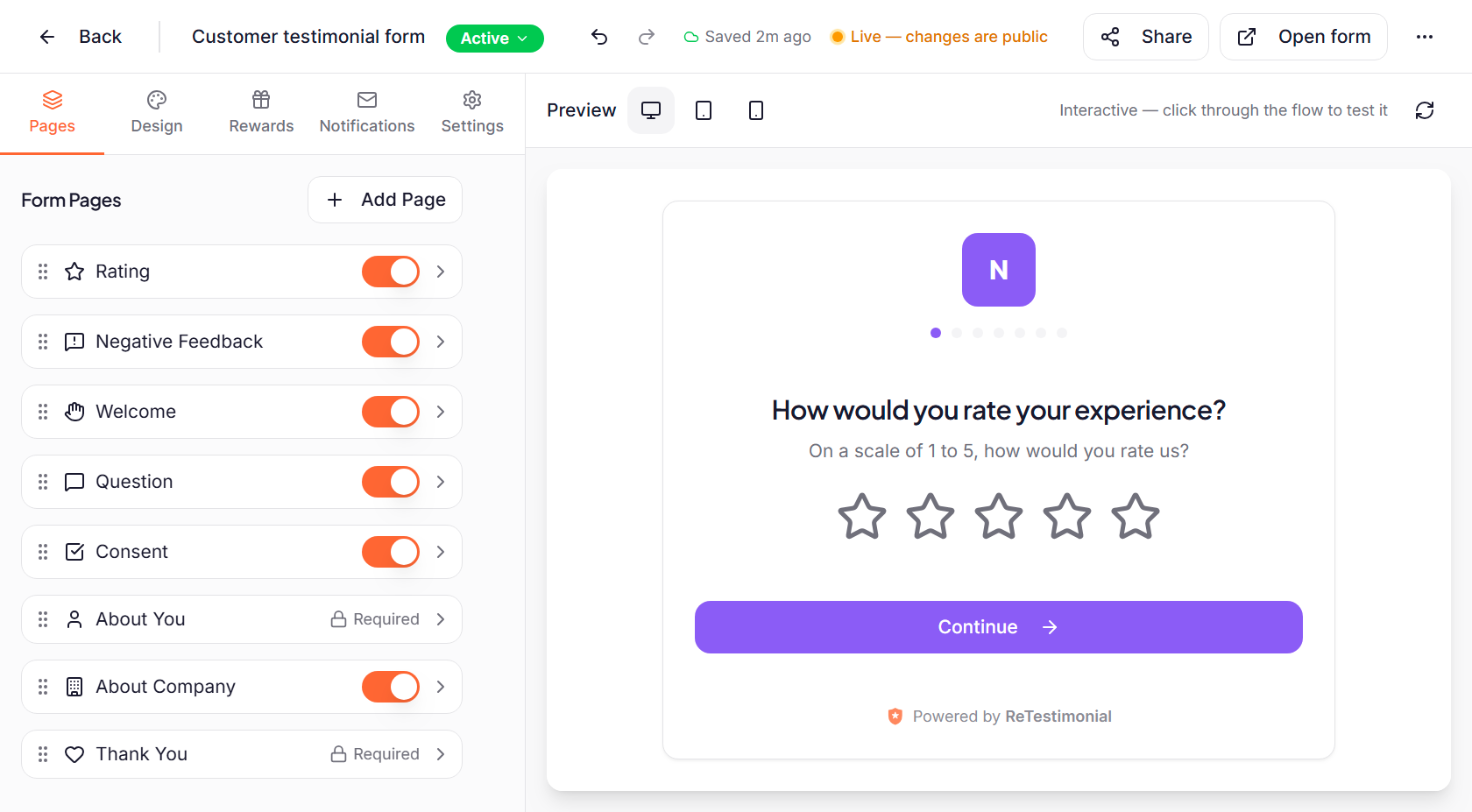 The form builder: a list of eight pages on the left, from Rating to Thank You, and on the right a preview of the first page, which asks for a star rating.