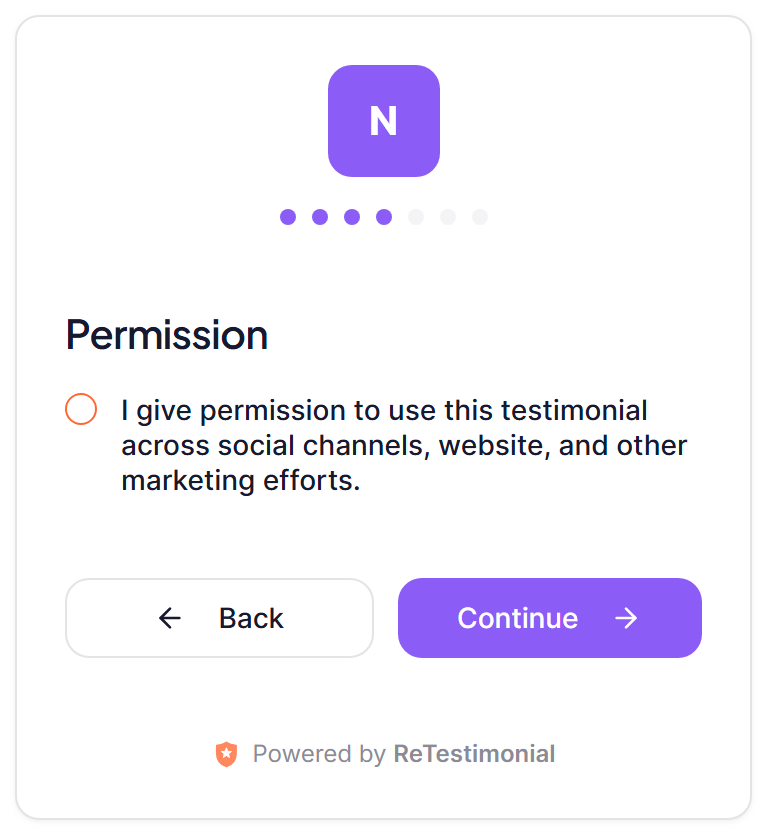 The form's permission page as a customer sees it: one box to tick, giving permission to use the testimonial on the website and in marketing.