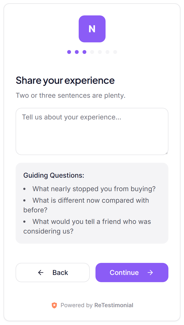 The form's question page as a customer sees it: the heading Share your experience, a box to write in, and the three questions listed under it as prompts.