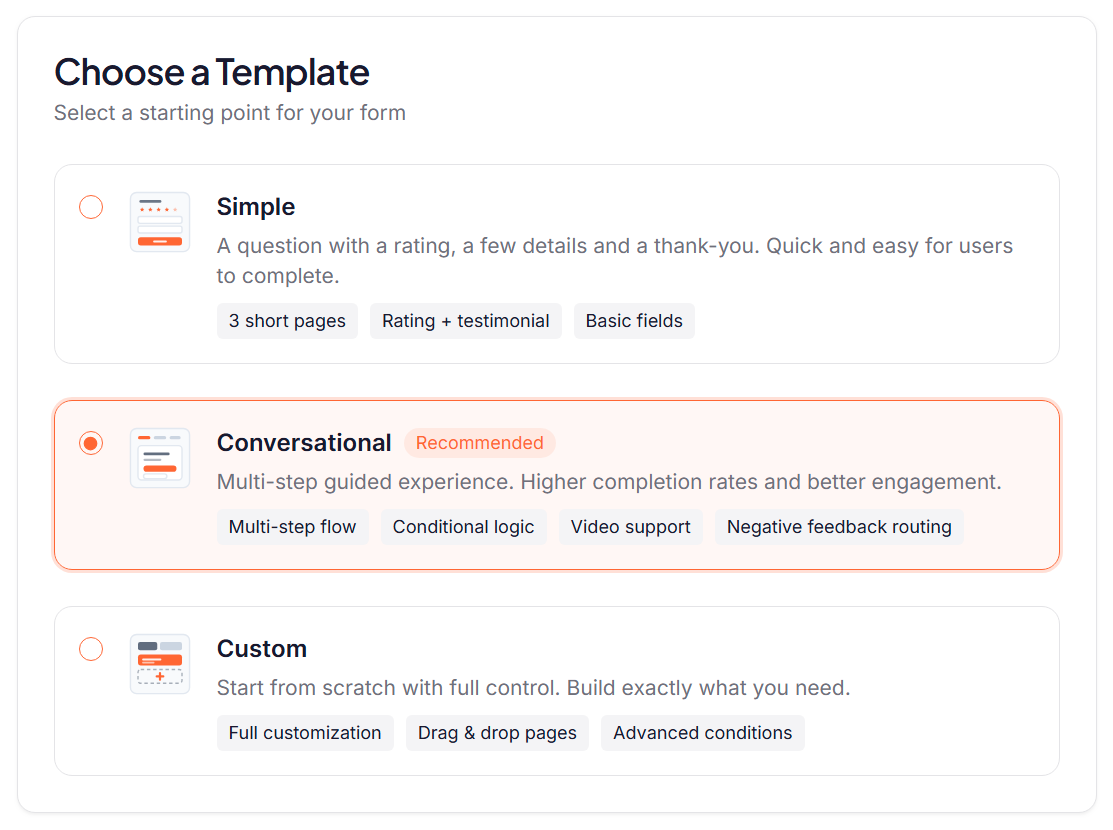 The Choose a Template panel with three options: Simple, Conversational, which is selected and marked Recommended, and Custom.
