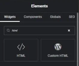 Elementor's Elements panel with html typed in the search field and two results: HTML and Custom HTML.
