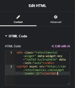Elementor's Edit HTML panel with the two lines of the snippet in the HTML Code field.