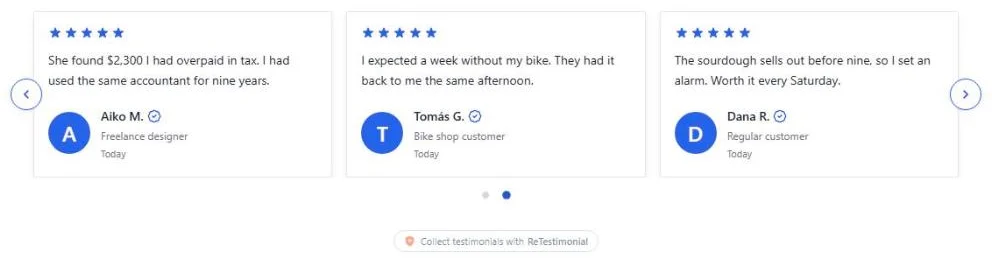 A carousel of three sample testimonials, each with five stars, a name and a role, on the test page built with Elementor.