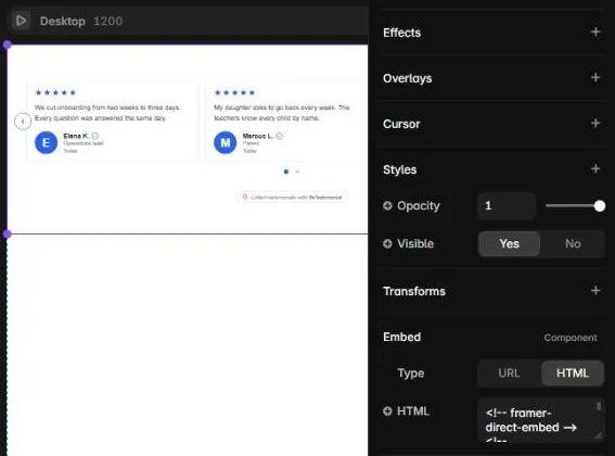 Framer's settings for the Embed component: Type is set to HTML, the HTML field starts with the framer-direct-embed line, and the widget shows on the canvas.