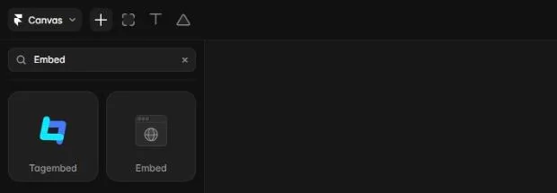Framer's Insert menu with “Embed” in the search field and the Embed component among the results.