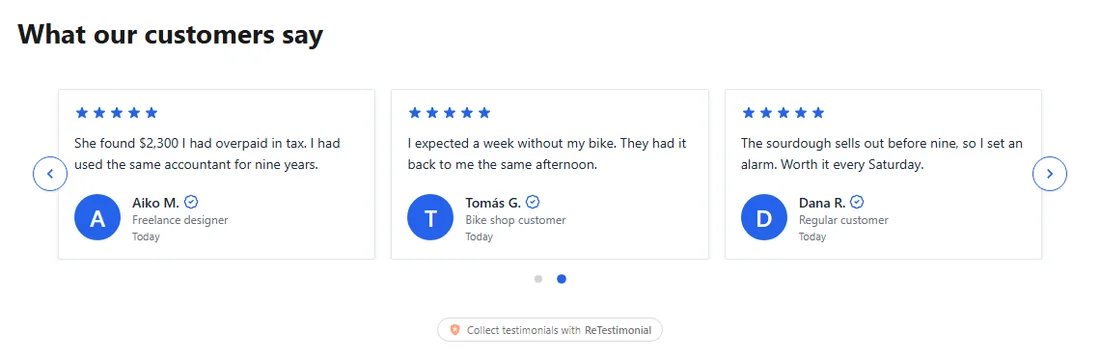 A testimonial carousel under a heading on a plain HTML page.