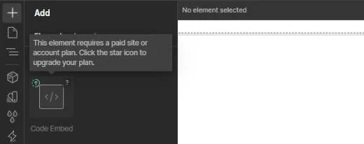 Webflow's Add panel on a free workspace: the Code Embed element is greyed out, with the message “This element requires a paid site or account plan.”