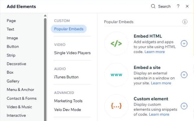 The Wix Editor's Add Elements panel with Embed Code selected and Embed HTML at the top of Popular Embeds.