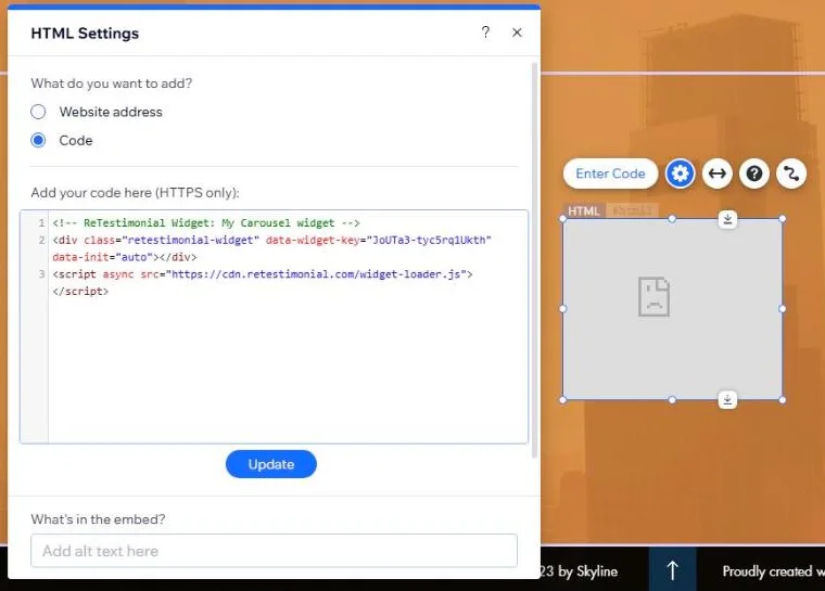 Wix's HTML Settings panel with Code selected and the snippet pasted into the code field, beside the new element on the page.