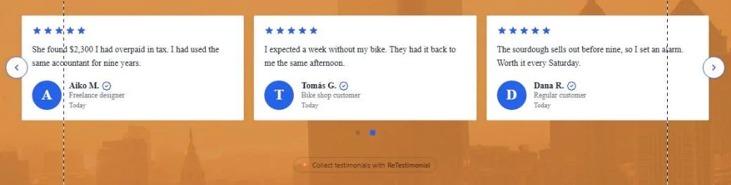 A testimonial carousel with three cards on a Wix page, after the element was stretched and made taller.