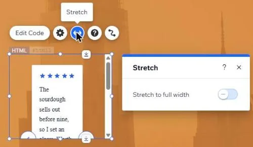 A newly added Embed HTML element in the Wix Editor: the widget is squeezed into a small frame with a scroll bar, beside the Stretch to full width switch.