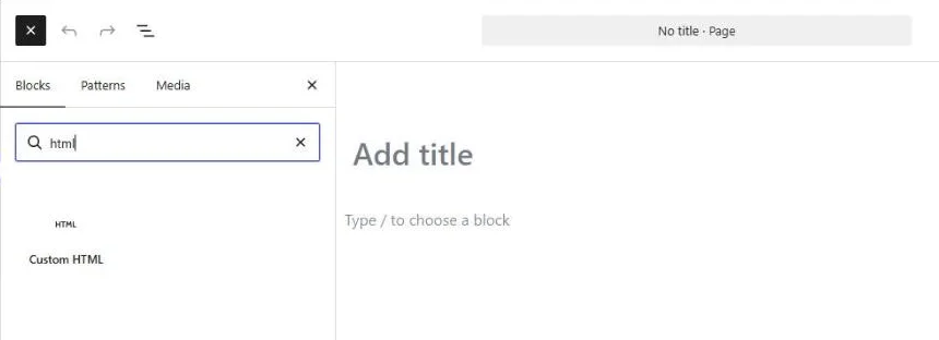 The WordPress Block Inserter with “html” in its search field and the Custom HTML block as the result.