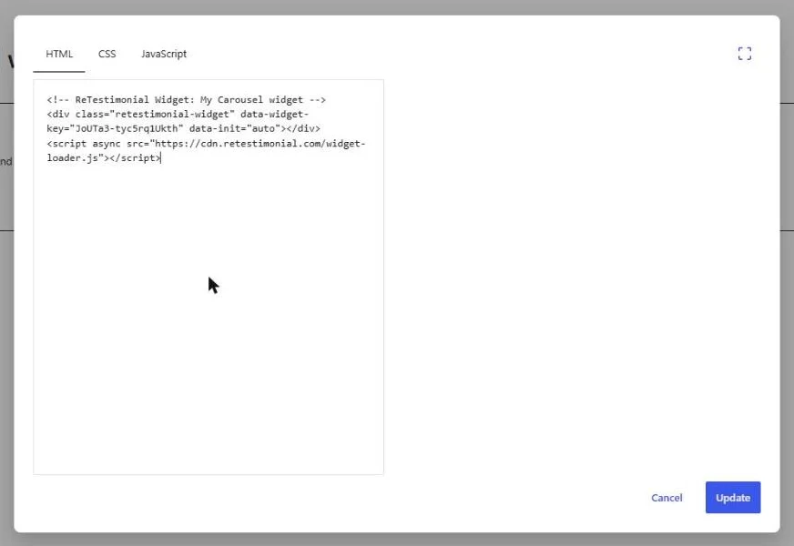 The Custom HTML block's editing window, with HTML, CSS and JavaScript tabs, the snippet pasted under HTML, and an Update button.