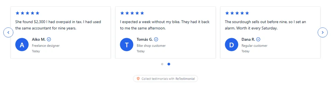 A testimonial carousel with three cards on a published WordPress page.
